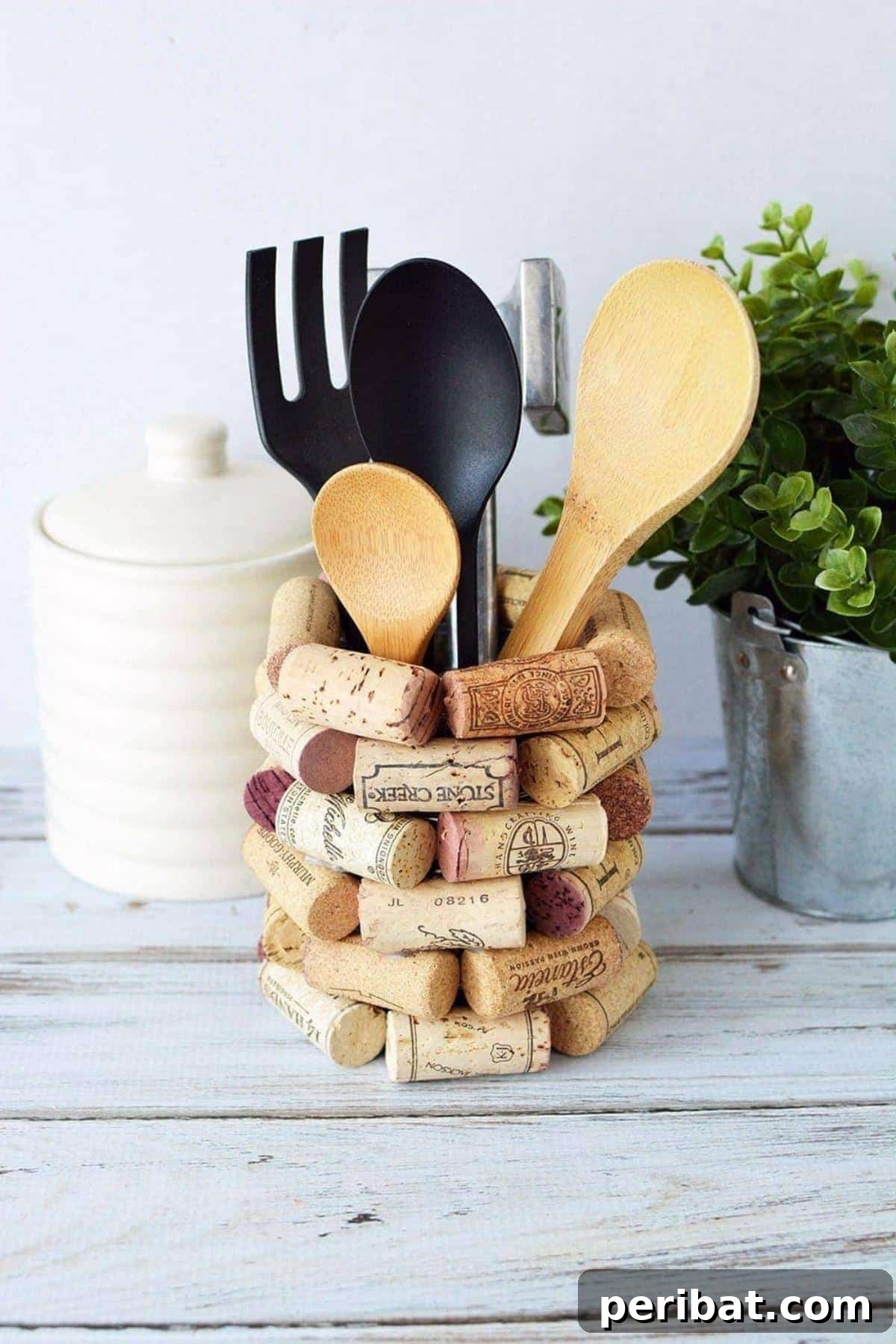 Uncork Your Creativity with DIY Wine Cork Projects 25 Kitchen utensil holder decorated with wine corks
