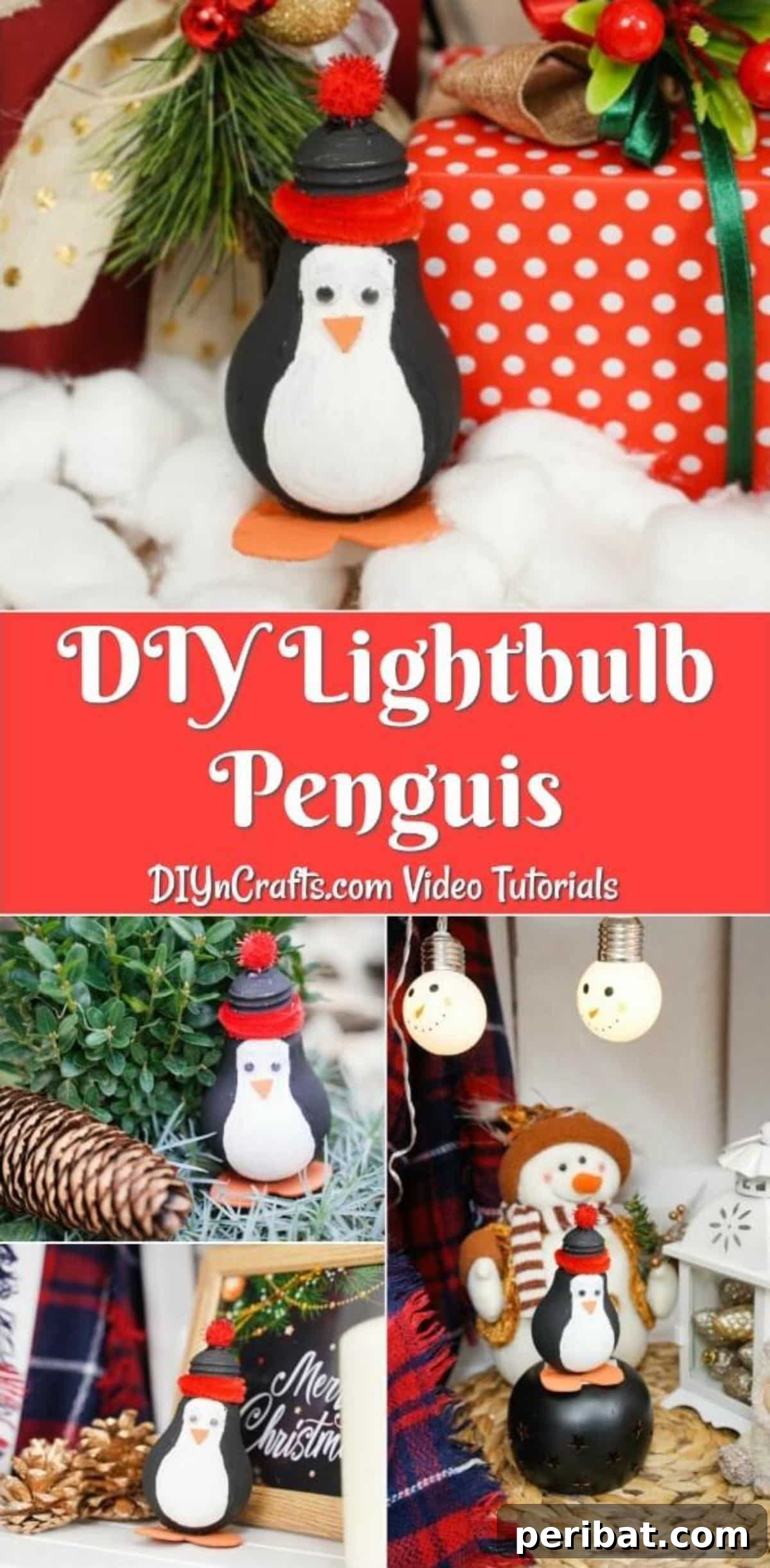 Collage of lightbulb penguin decoration being displayed