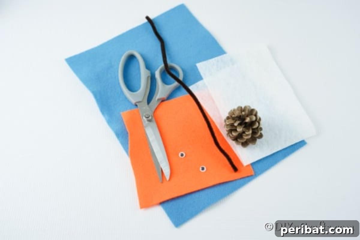 Whimsical Winter Pinecone Owl Decorations 6 Supplies for making pine cone owl decor winter crafts laid out