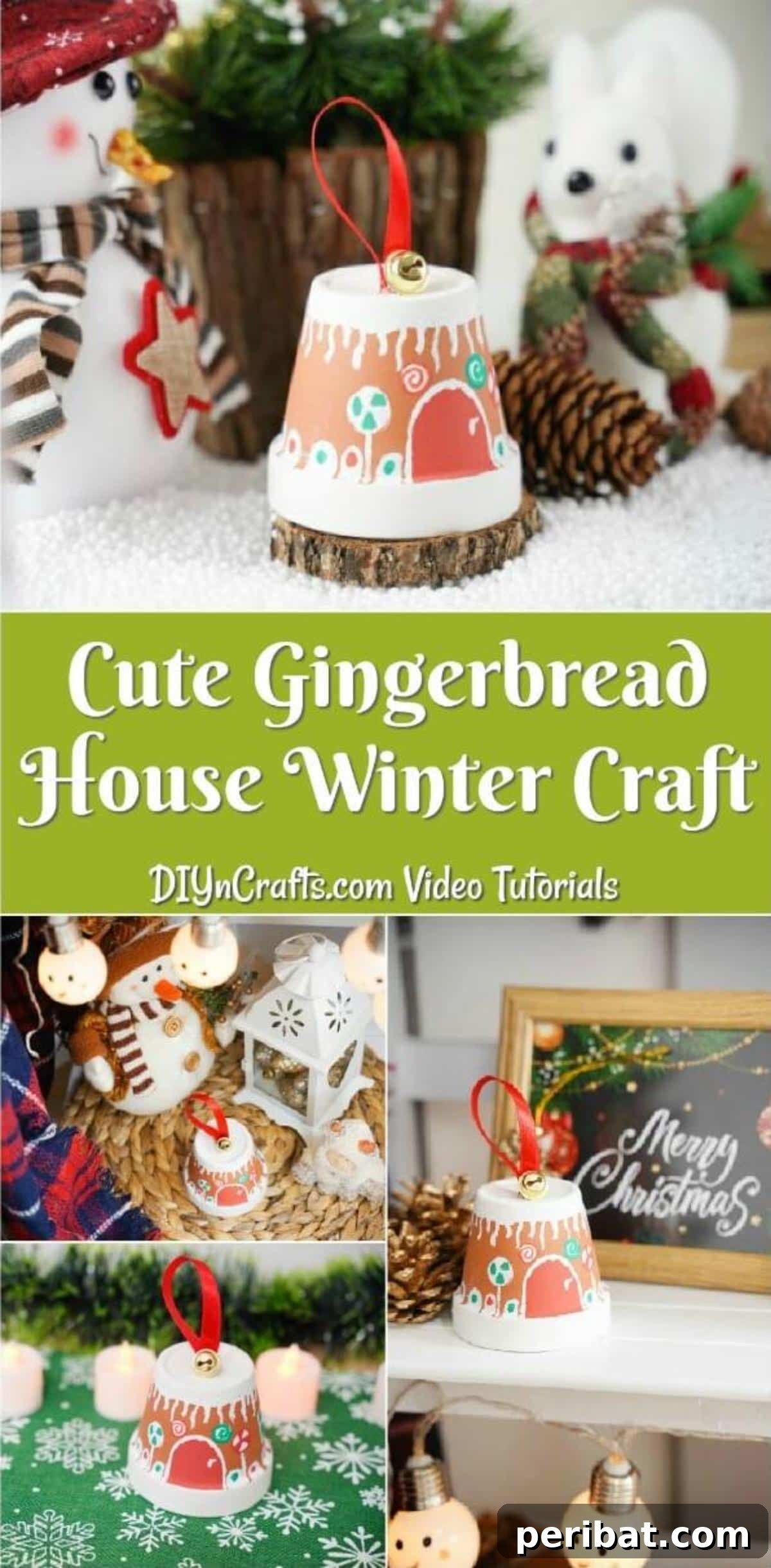 A charming DIY gingerbread house crafted from an upside-down flower pot, decorated with white paint and colorful accents, displayed against a winter backdrop.
