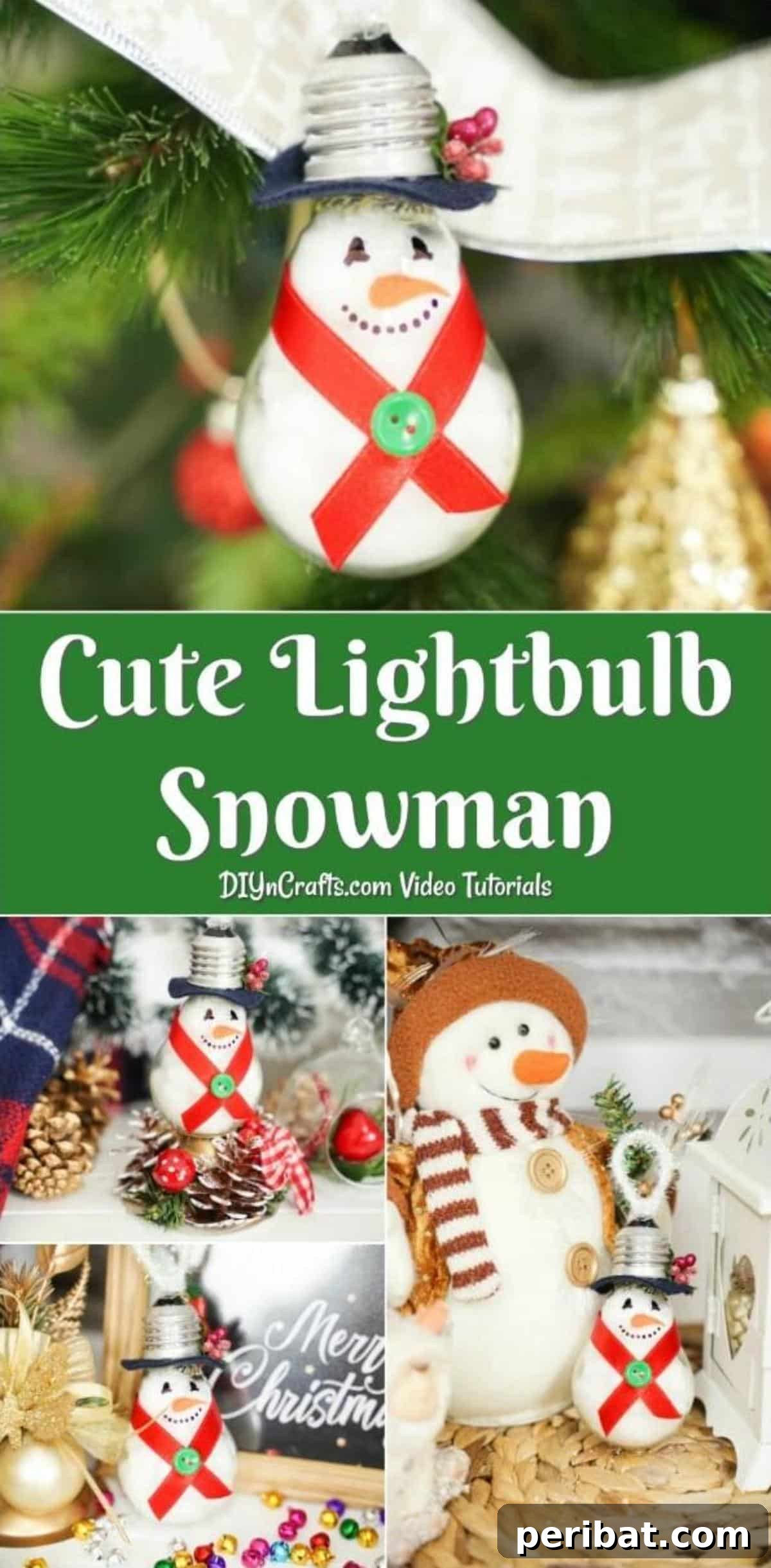 Collage image of an upcycled light bulb snowman ornament showing various angles and finished designs