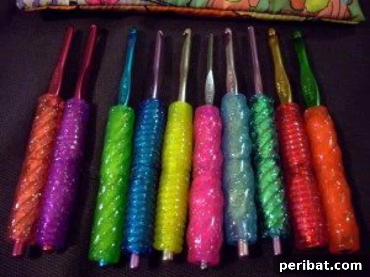 Crochet hooks improved with Dollar Store pencil grips for comfort