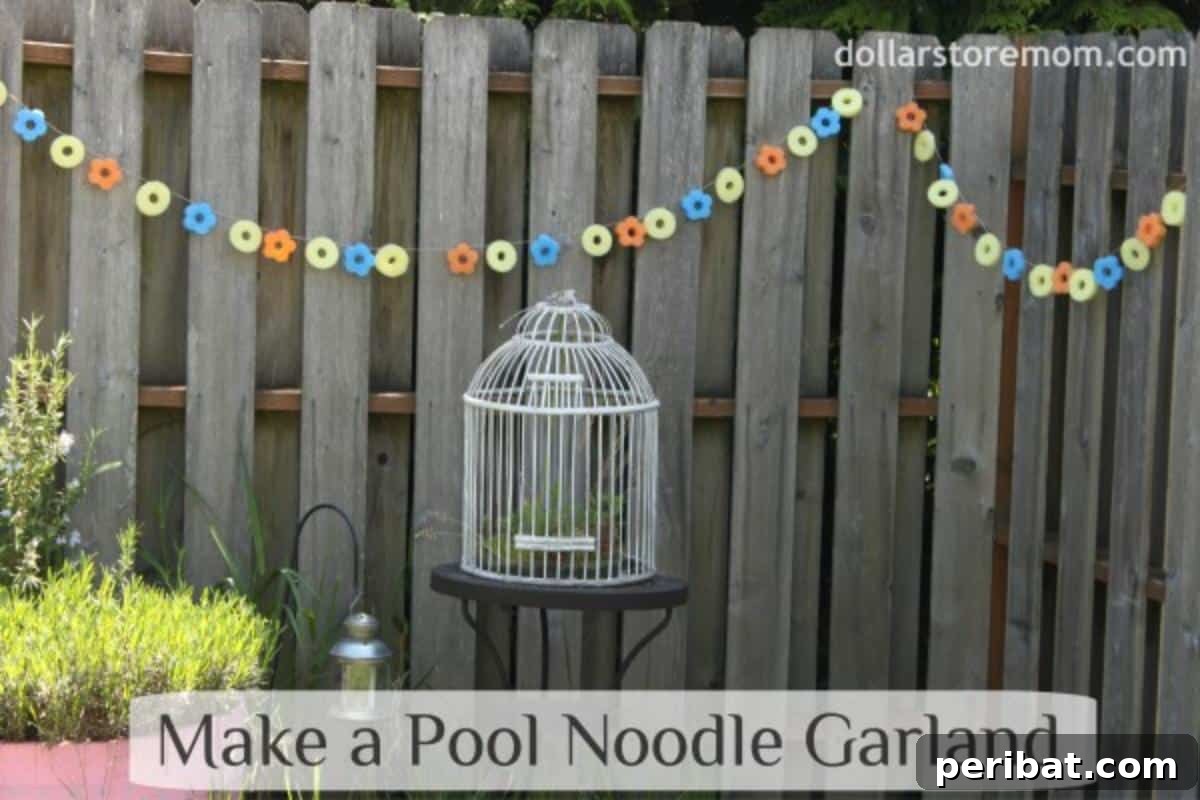 Colorful pool noodle garland for outdoor party decorations