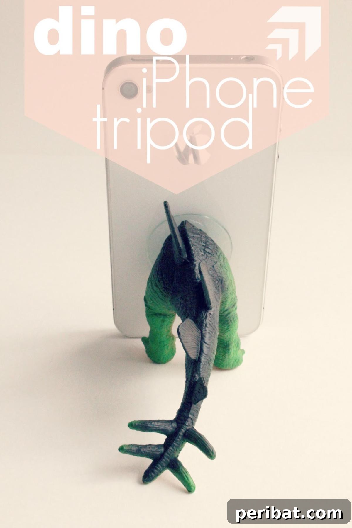 DIY dinosaur iPhone tripod made from a plastic toy dinosaur