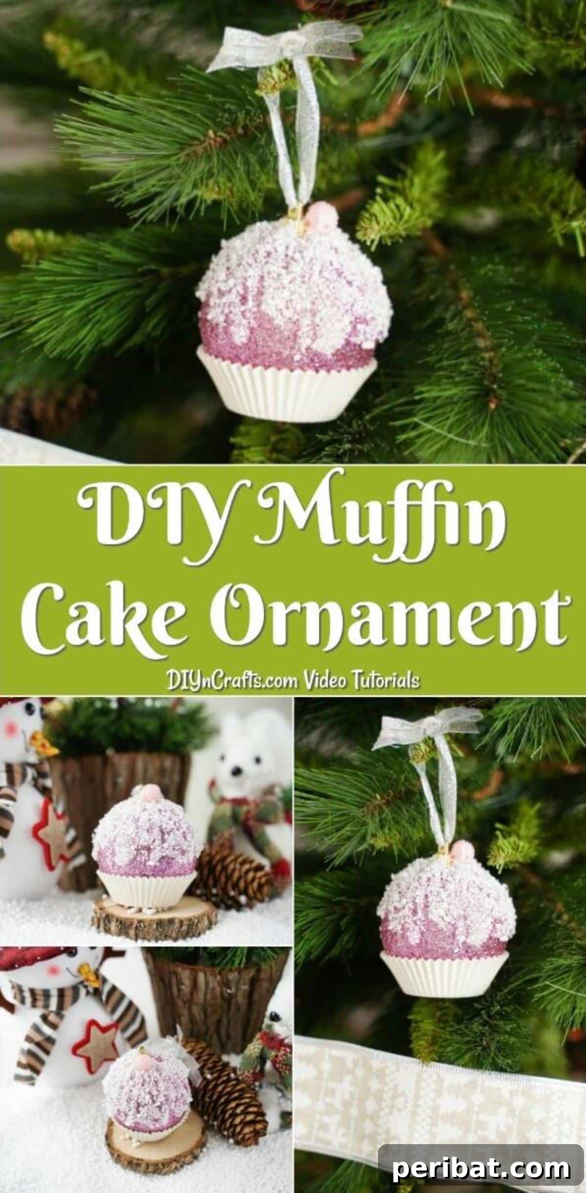 Sparkling DIY Cupcake Christmas Ornaments 2 A collage displaying various stages of making a DIY muffin ornament for a Christmas tree