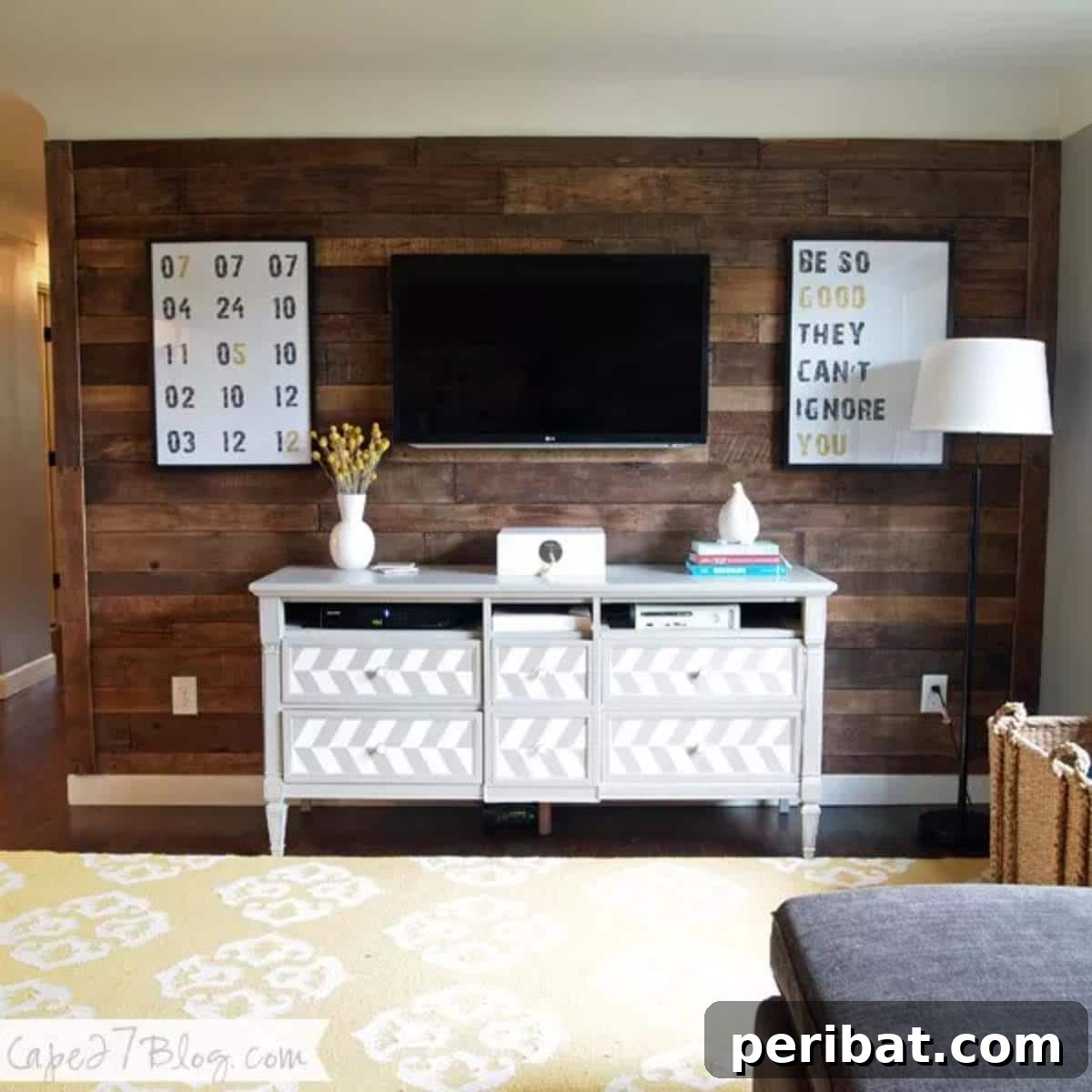 15 Ingenious DIY Wood Wall Designs to Elevate Your Space 14 Stylish $20 pallet wall in a modern room, serving as an entertainment center backdrop.
