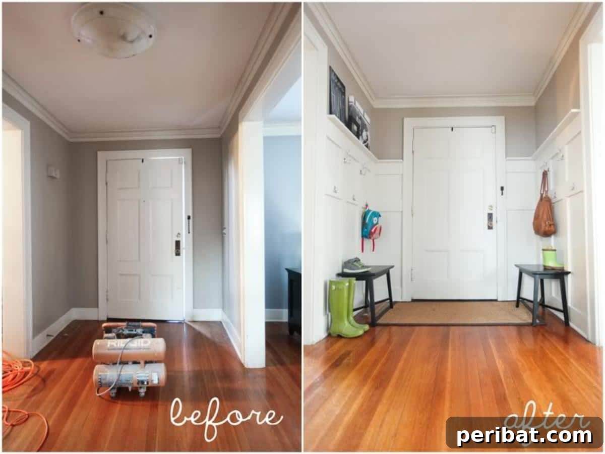 15 Ingenious DIY Wood Wall Designs to Elevate Your Space 6 Charming wooden entryway with hooks and a bench.