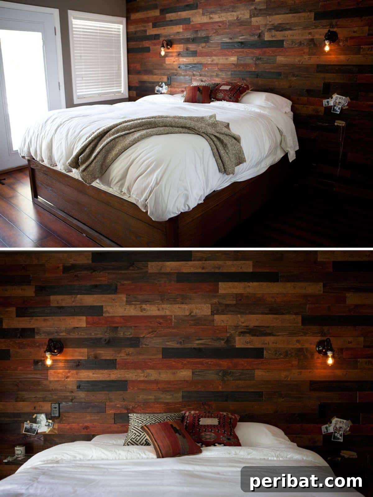 15 Ingenious DIY Wood Wall Designs to Elevate Your Space 10 Vibrant multi-colored wood plank wall in a bedroom, accented with rustic lighting.
