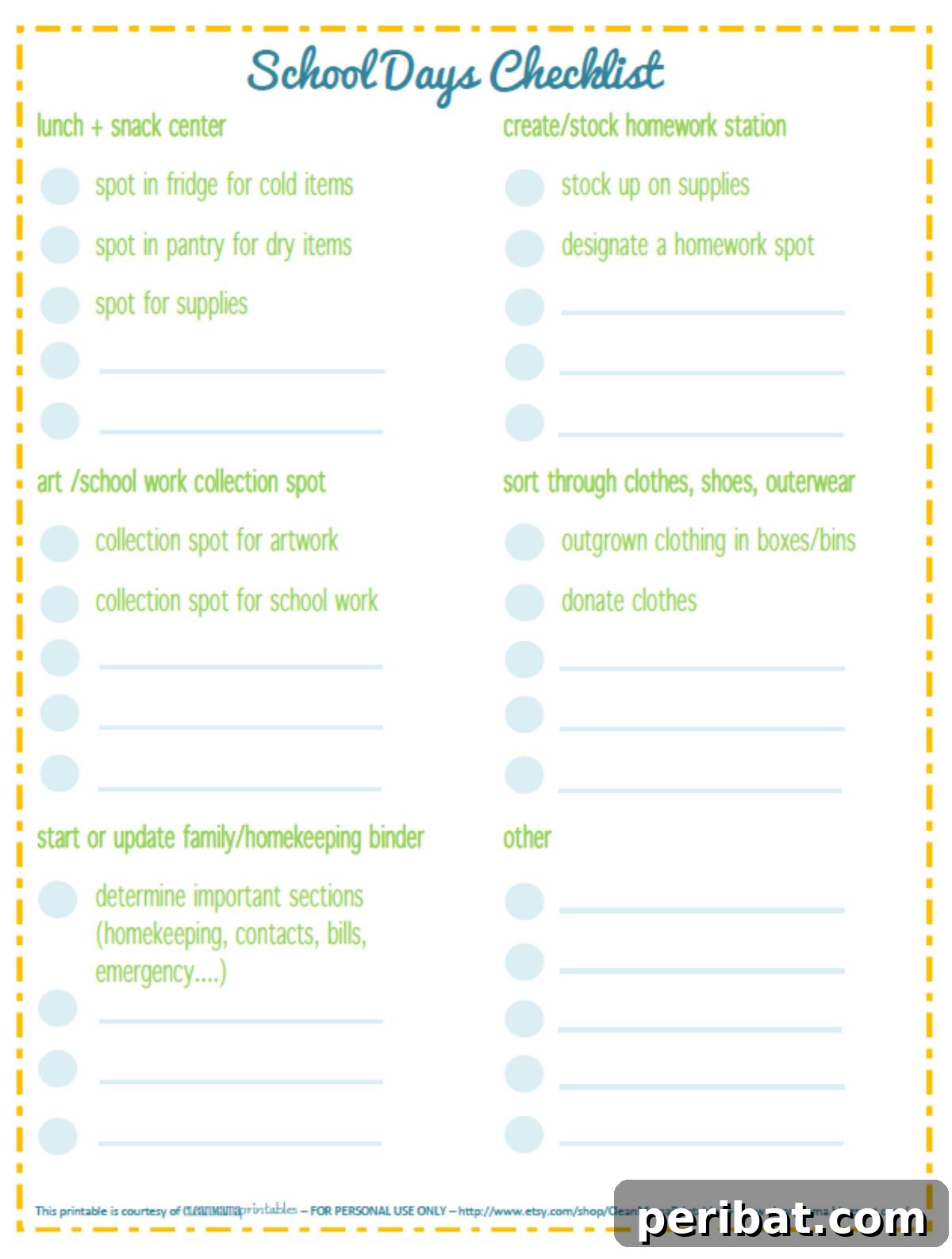 10 Organization Strategies for a Relaxed Back to School 6 Schooldays checklist sheet
