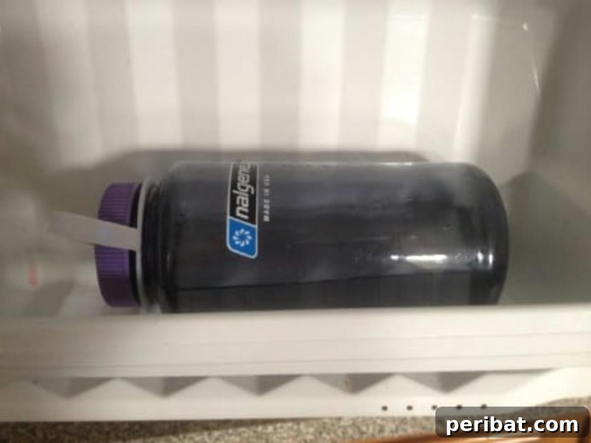 A water bottle in a freezer