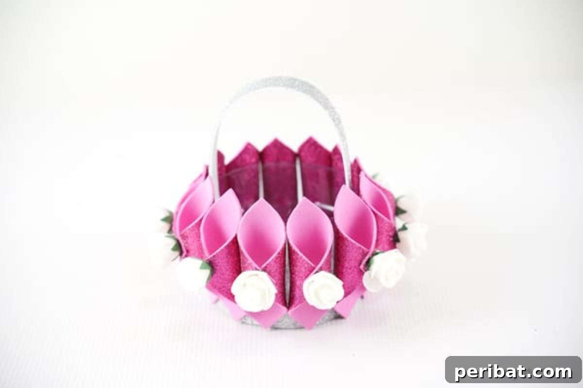 Shimmering Pink Paper Bloom Basket 20 Finished pink glitter flower basket decoration, showcasing the final beautiful craft