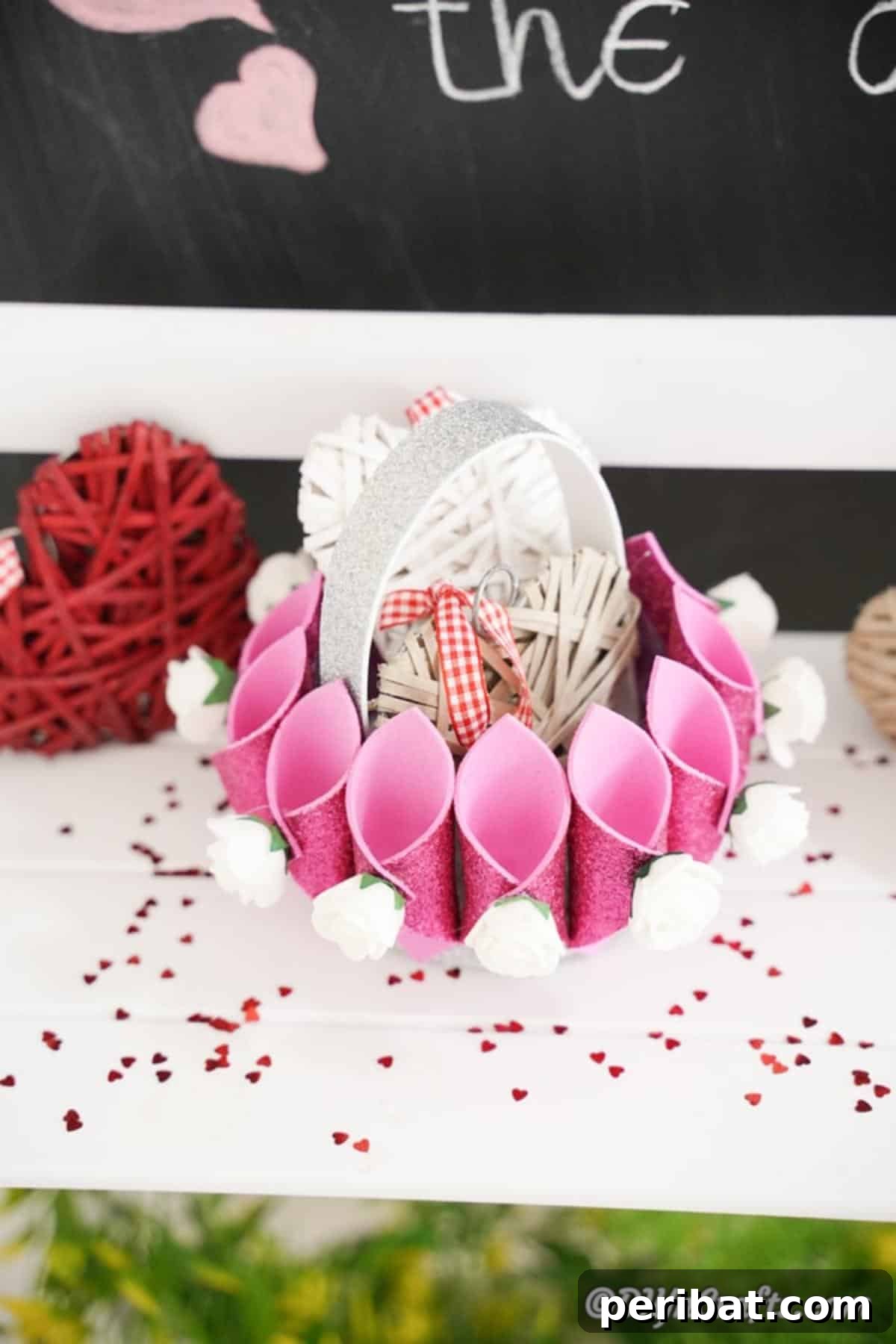 Shimmering Pink Paper Bloom Basket 3 Pink glitter basket filled with Valentine's candies, demonstrating a small handmade gift idea