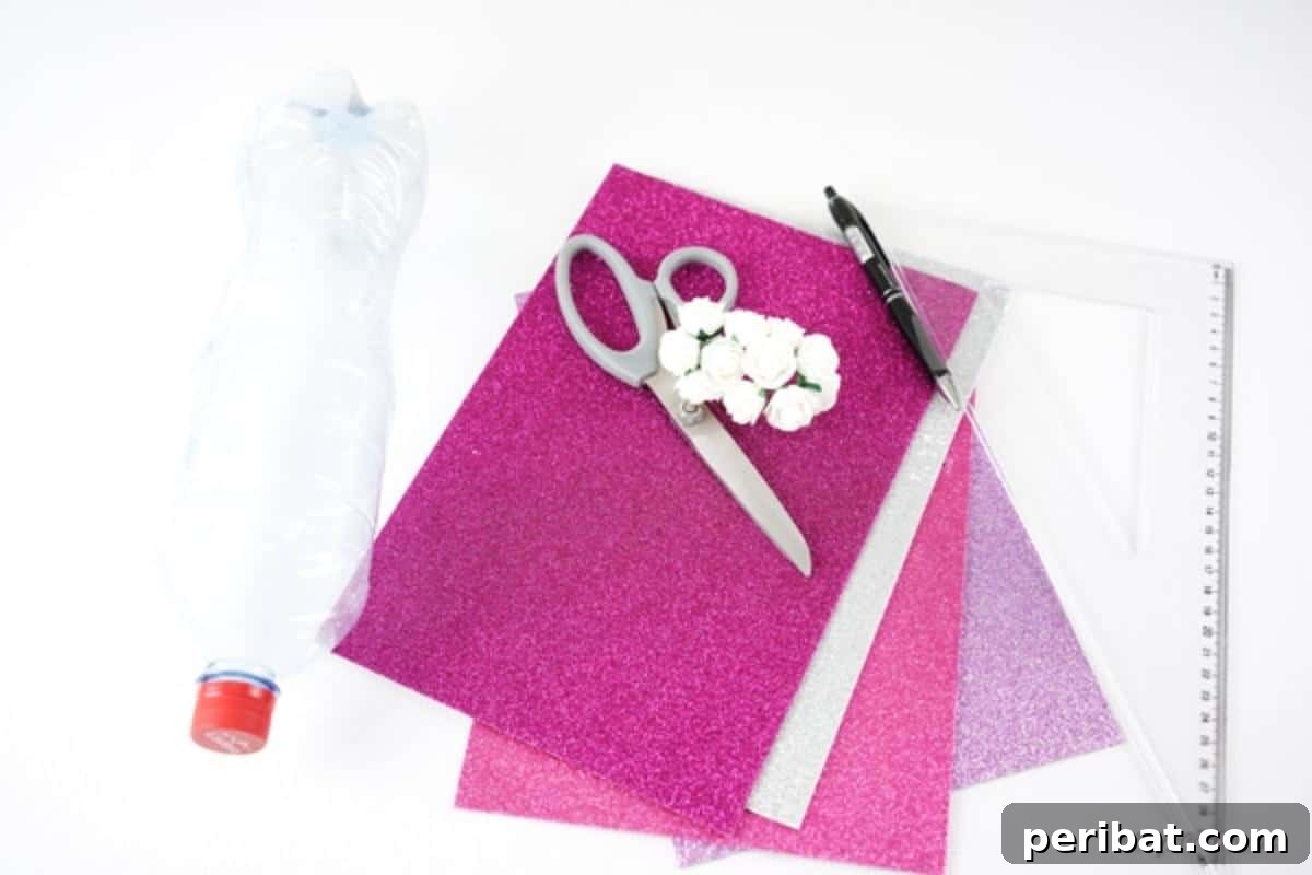 Shimmering Pink Paper Bloom Basket 7 Supplies for Paper Flower Basket, neatly arranged on a crafting table