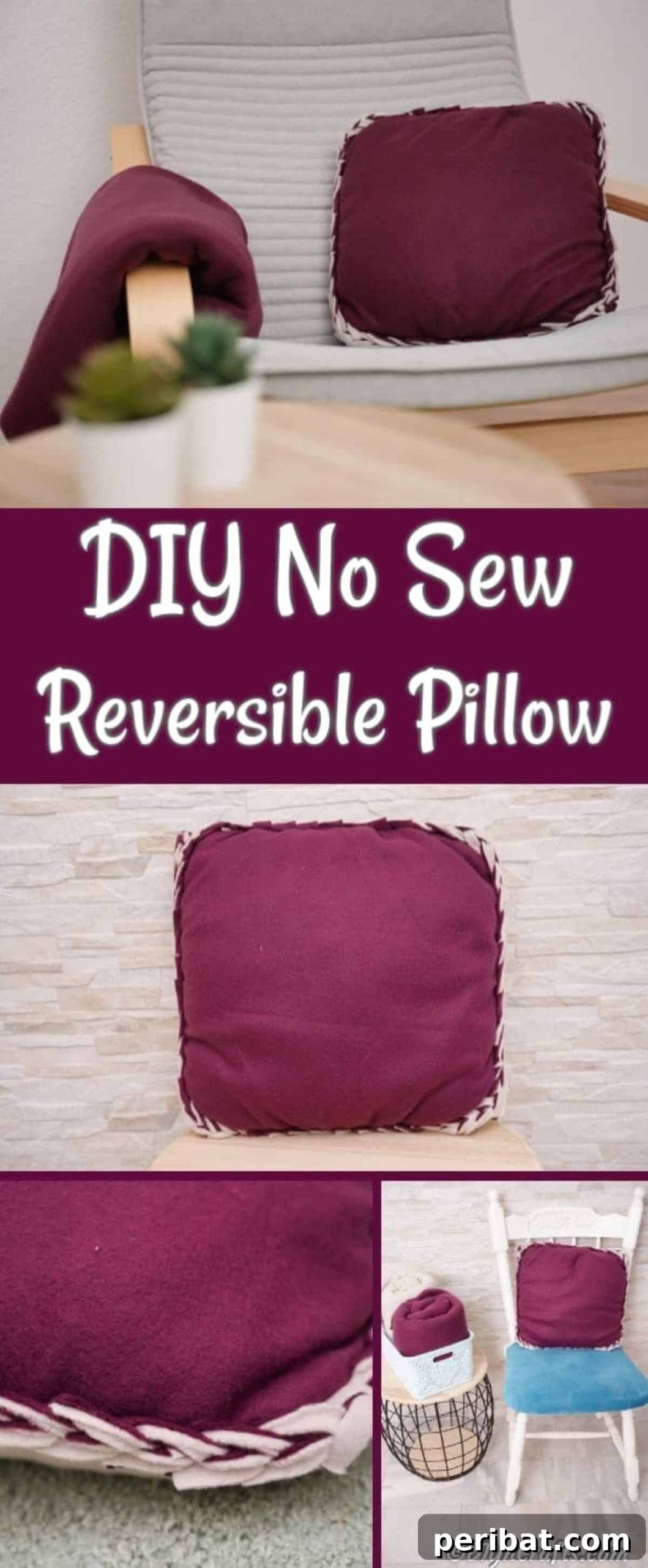 Easy 30-Minute No-Sew Reversible Fleece Pillow 2 Collage of no sew pillow showcasing two reversible sides.