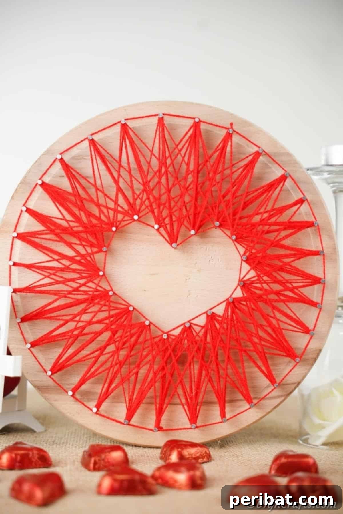 Heartfelt Valentine String Art Decoration 16 Round wood piece with red heart string art