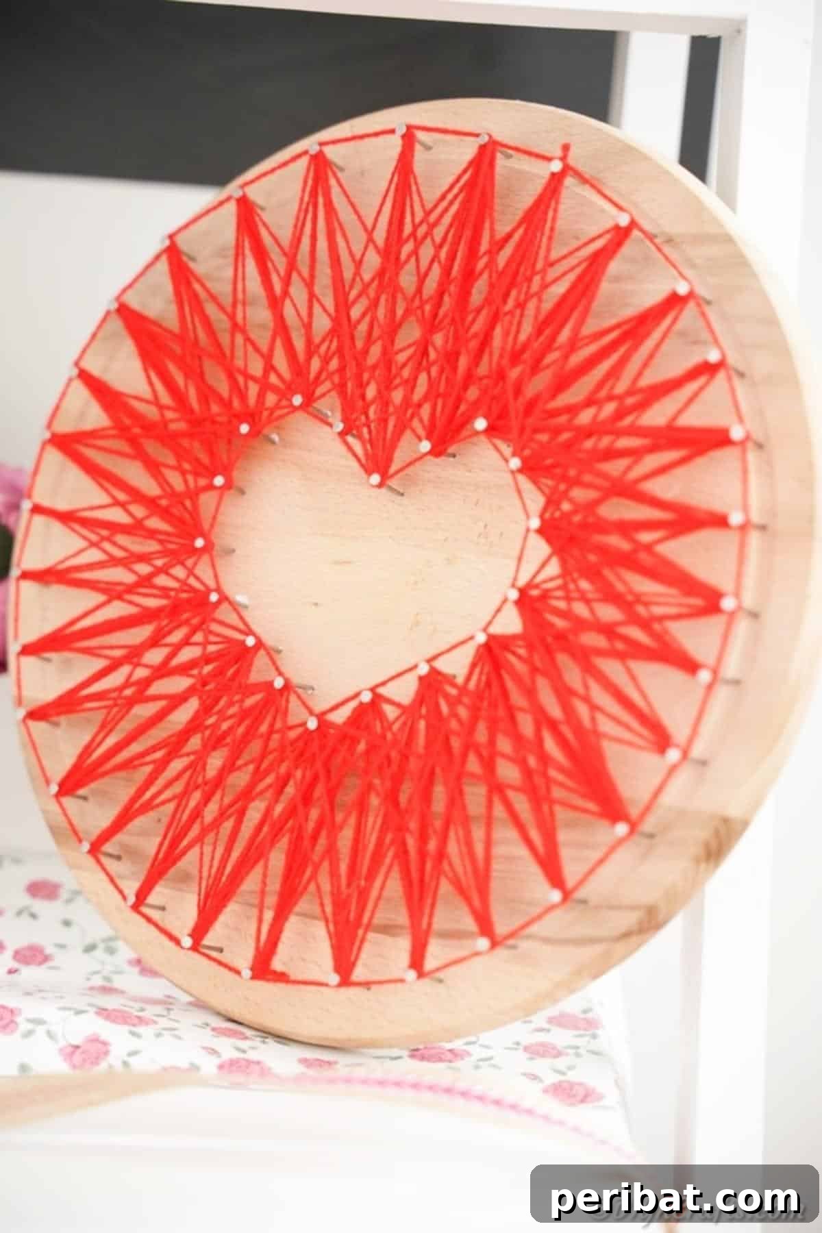 Heartfelt Valentine String Art Decoration 6 Round wood board with string art in shape of heart