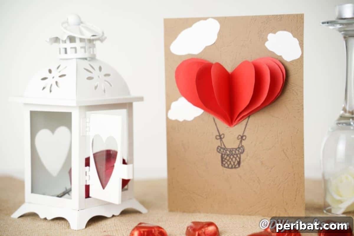 3D Valentine's day card on a table with white lantern