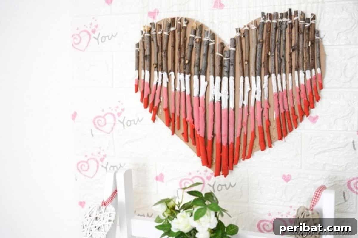 Hand-Painted Rustic Twig Heart Ornament 6 Wooden heart decoration hanging on wall with Valentine's Day decor
