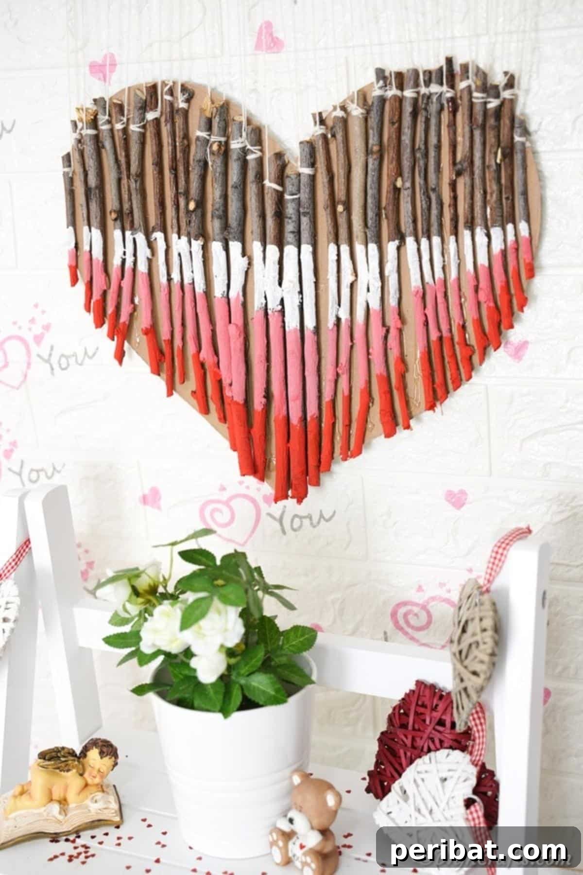 Hand-Painted Rustic Twig Heart Ornament 7 Twig painted heart wall art above white shelf