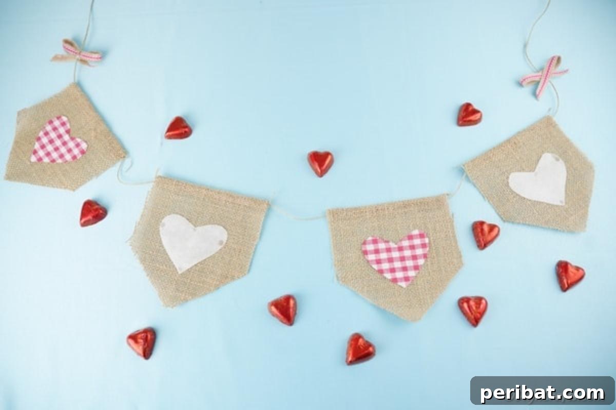 Rustic Love Burlap Heart Garland 18 Burlap Valentine's day garland on blue background with red heart candy