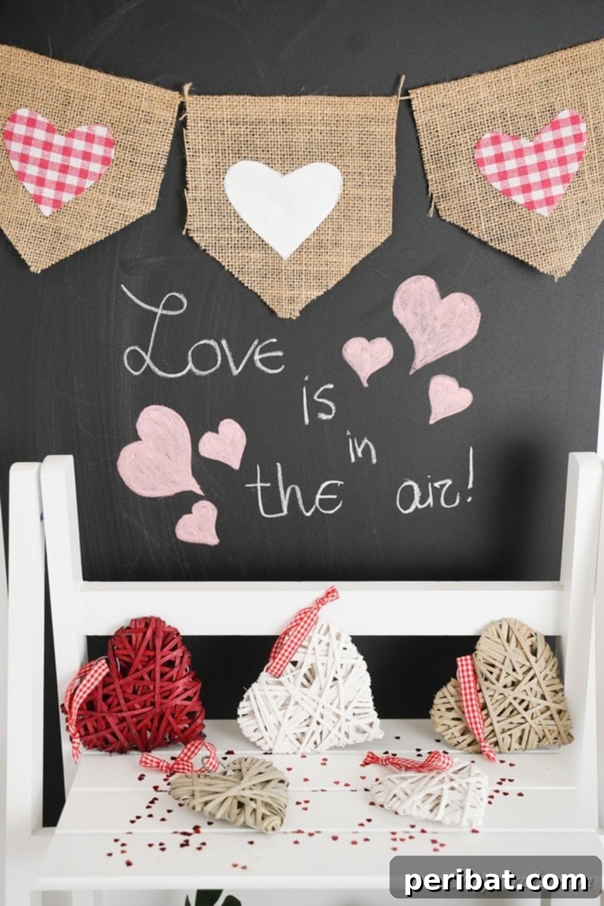 Rustic Love Burlap Heart Garland 3 Burlap valentine banner on chalkboard above white shelf