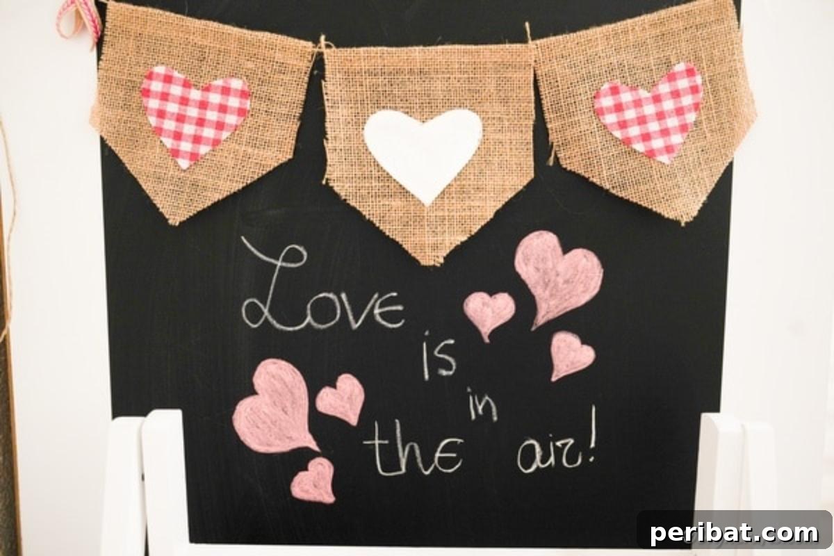 Rustic Love Burlap Heart Garland 7 Valentine banner against chalkboard