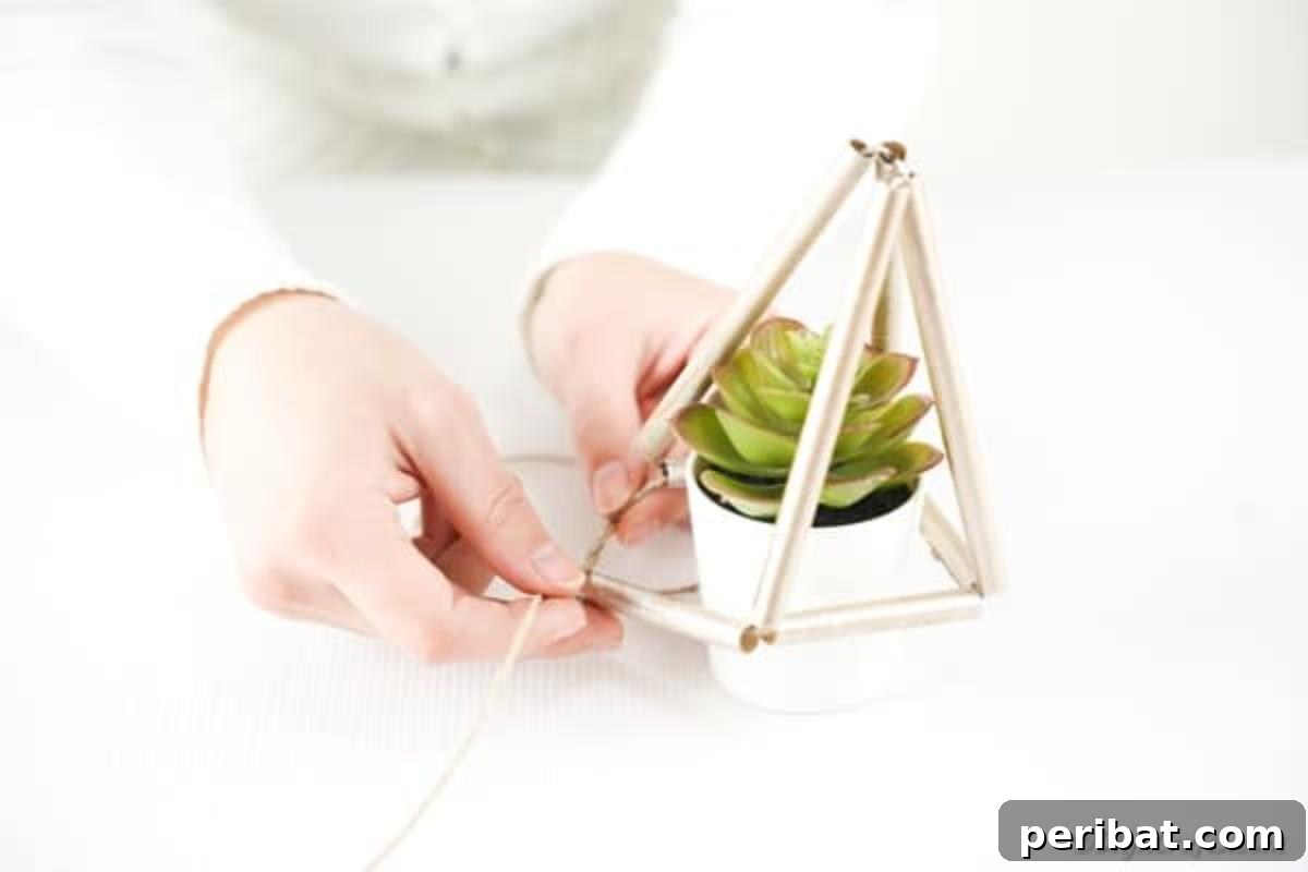 Hands carefully inserting a small potted succulent into the corner of a newly crafted paper straw planter, preparing it for display.