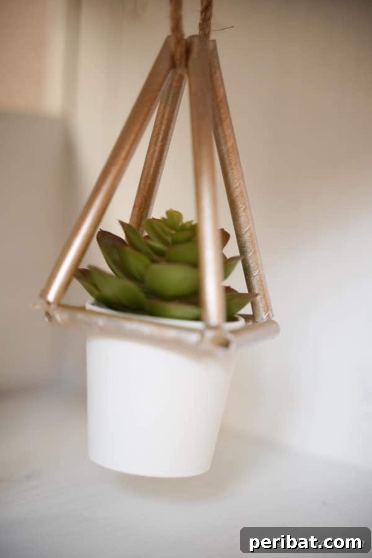 A unique paper straw succulent planter, spray-painted gold, hangs elegantly against a pristine white wall, adding a minimalist and modern touch to the decor.