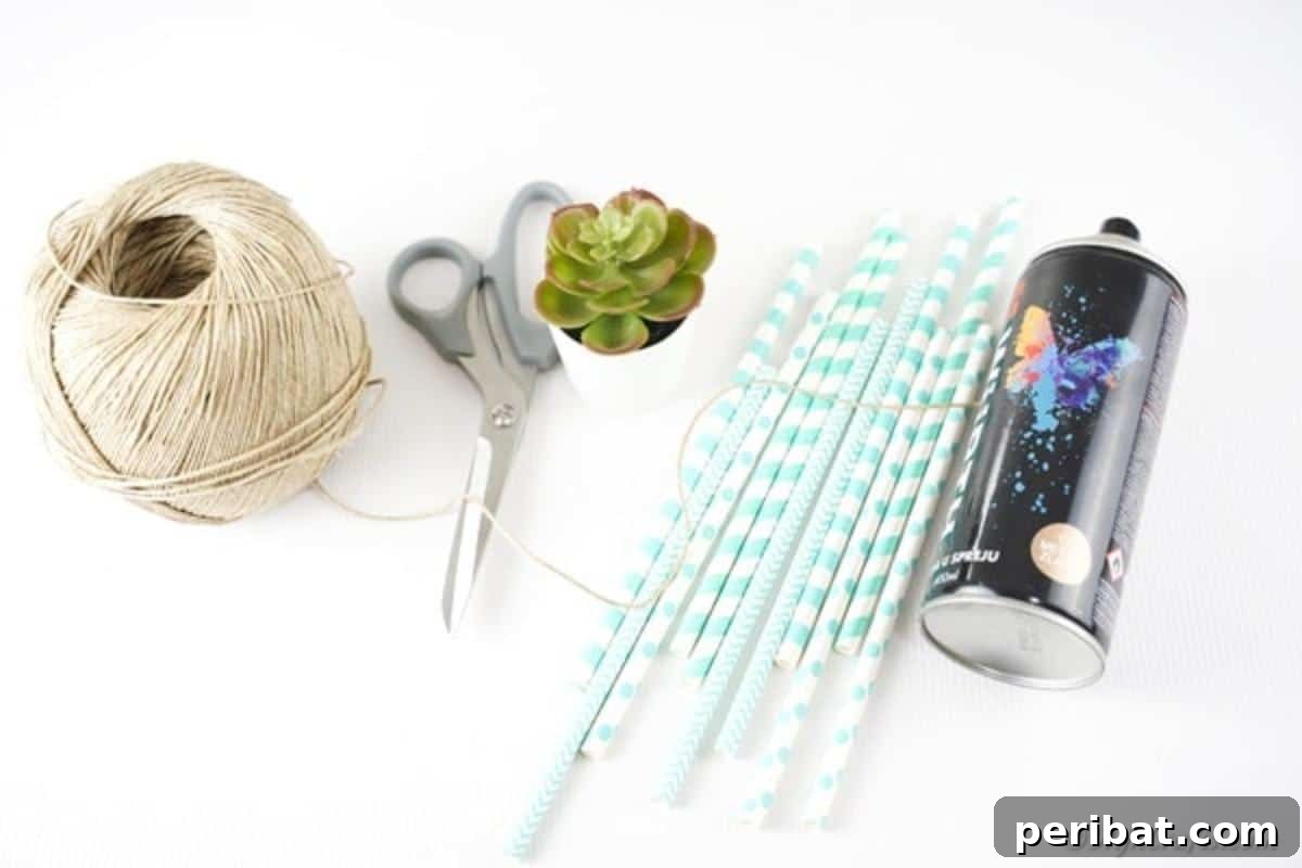 A neatly arranged collection of supplies for crafting a paper straw succulent planter, including paper straws, twine, gold spray paint, scissors, and a small potted succulent.