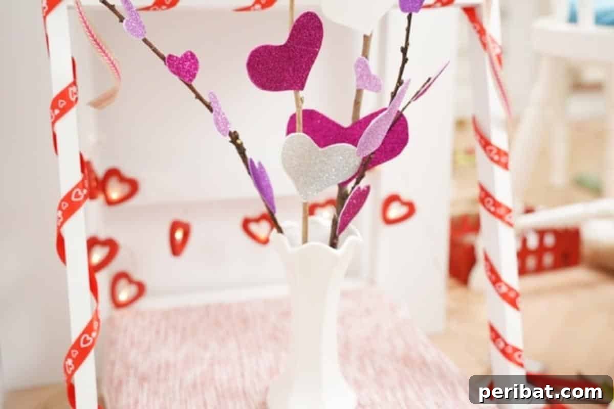 Bouquet of heart flowers on shelf with heart garland