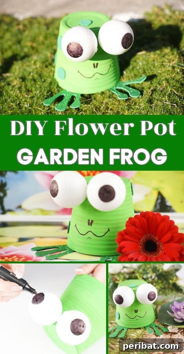 A charming upcycled flower pot frog craft, a handmade garden decoration.