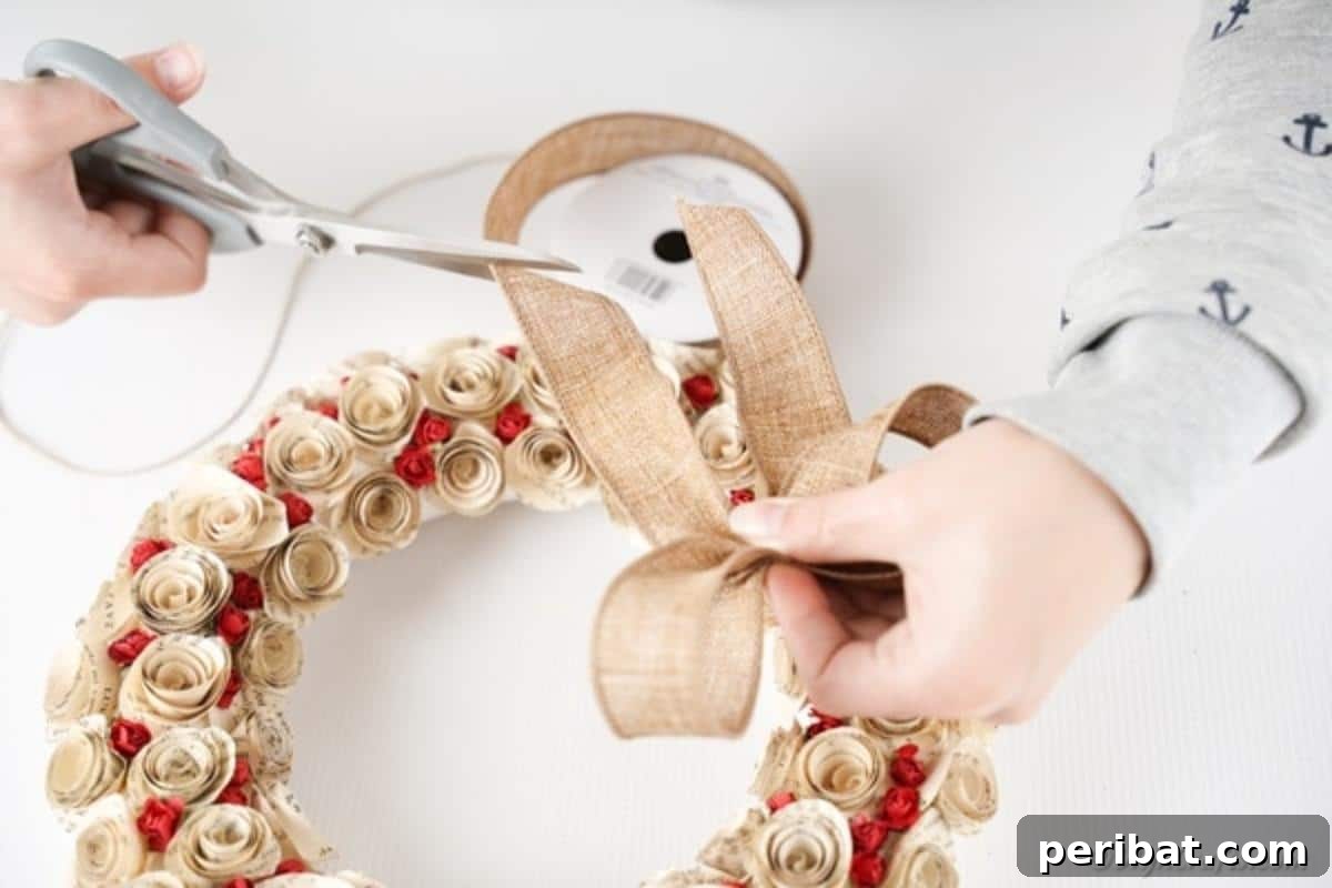 Romantic Book Page Rose Heart Wreath 17 Creating burlap bow for wreath