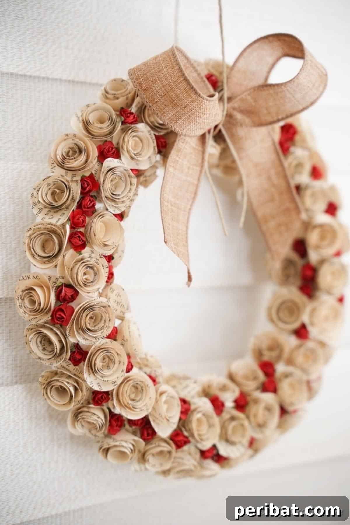 Romantic Book Page Rose Heart Wreath 19 Paper rose valentine's day wreath on brick wall