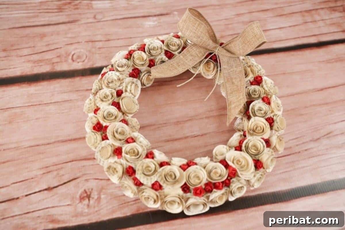 Romantic Book Page Rose Heart Wreath 3 Quilled rose wreath on wooden surface
