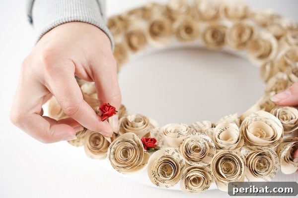 Romantic Book Page Rose Heart Wreath 27 Attaching artificial roses to quilled rose wreath