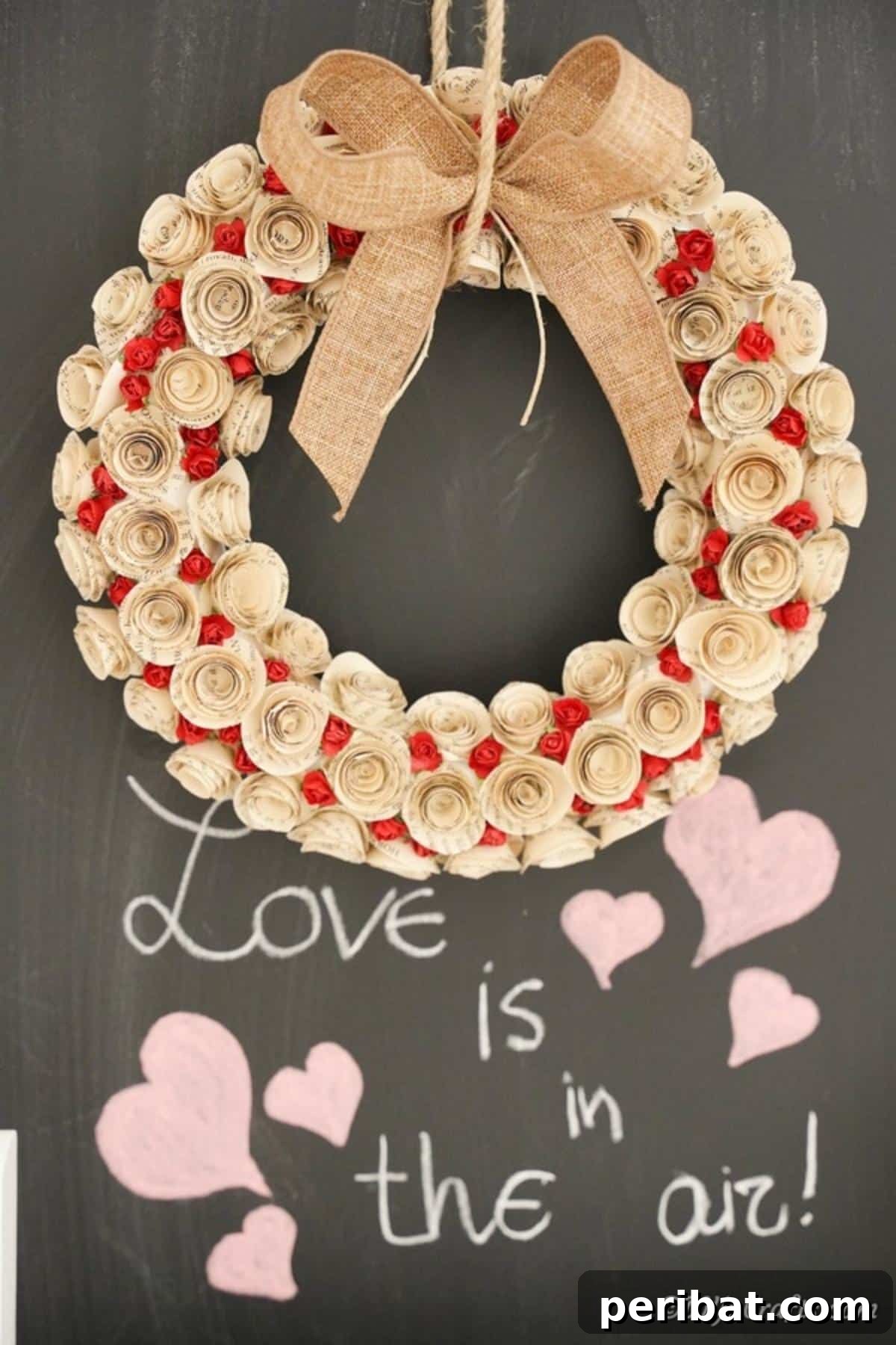Romantic Book Page Rose Heart Wreath 5 Rose wreath hanging in front of chalkboard