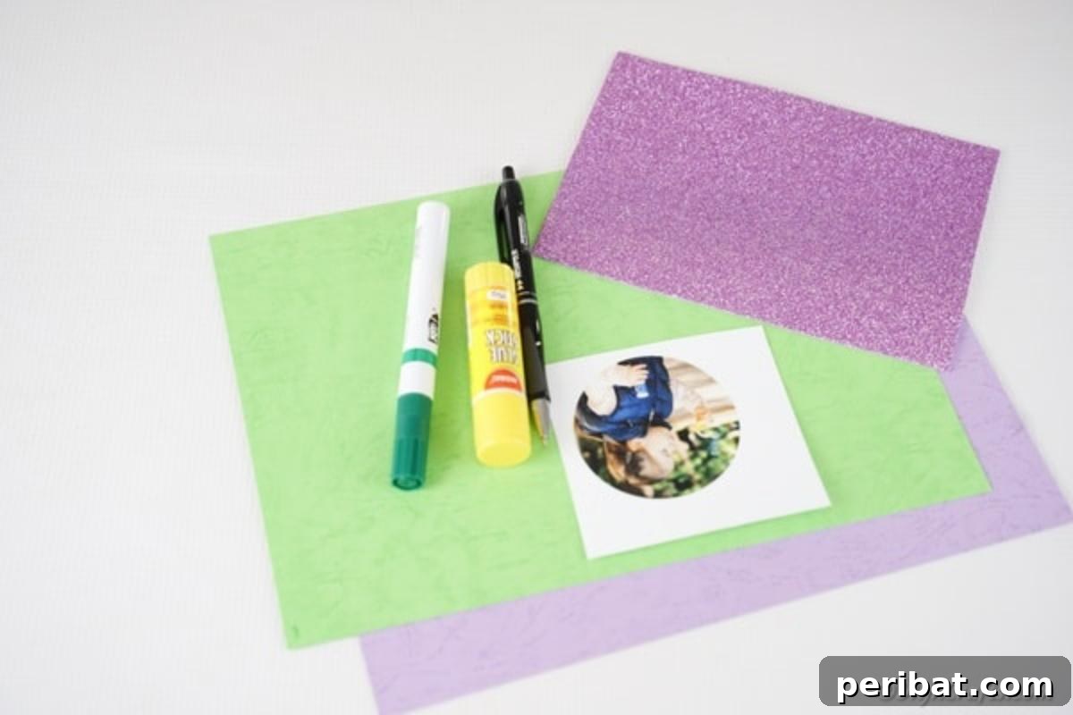 Craft Your Own Paper Flower Photo Keepsake 6 Various supplies laid out for making a flower paper photo card