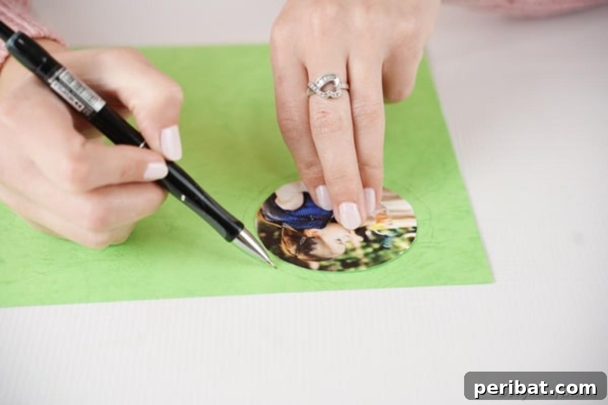 Craft Your Own Paper Flower Photo Keepsake 7 Tracing a circular photo onto green paper