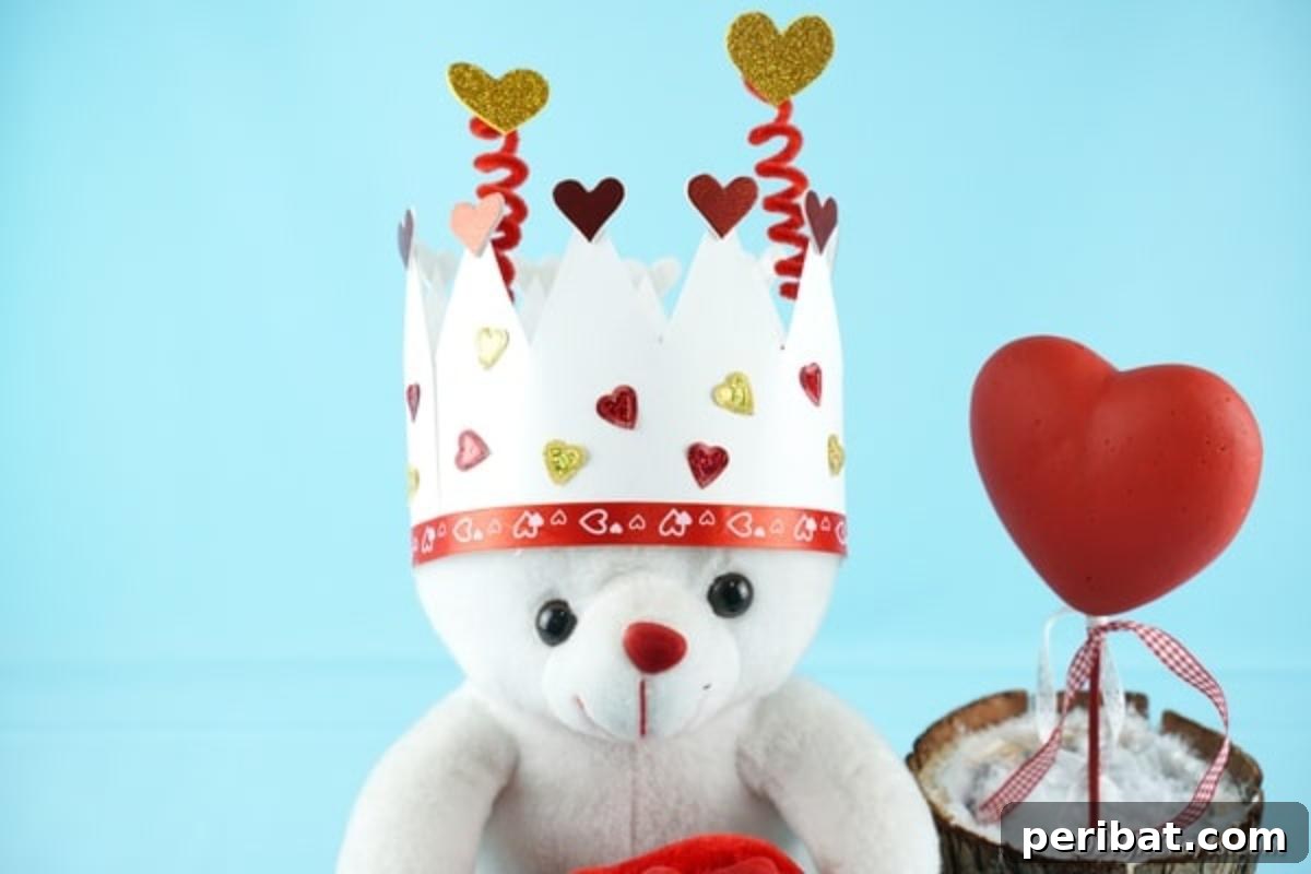 Easy Valentine Paper Crown Craft for Children 3 A beautifully crafted Valentine's paper crown resting elegantly on a plush white bear, highlighting its intricate heart decorations and glitter accents.