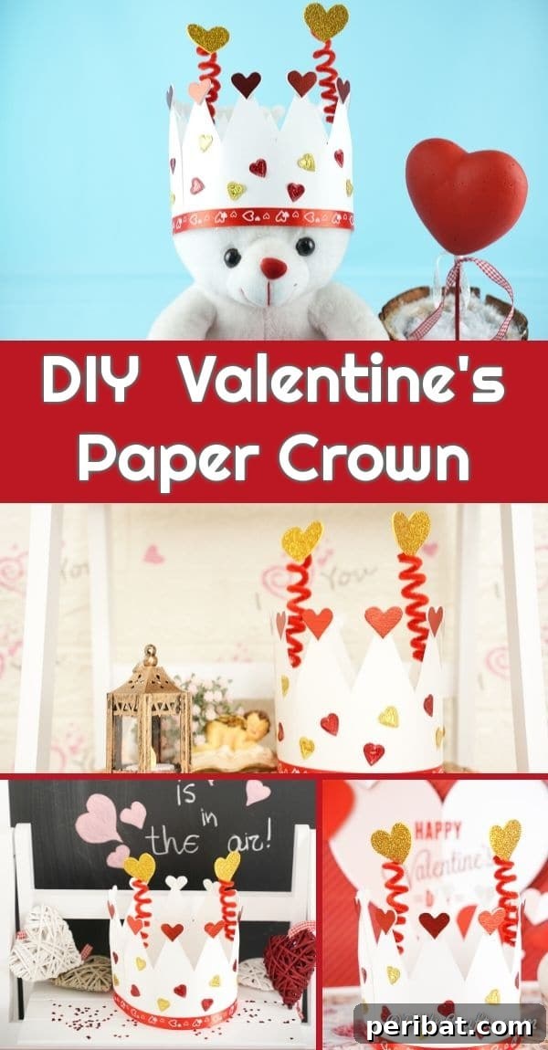 A small image of a Valentine's Day paper crown, serving as a decorative element in the footer.