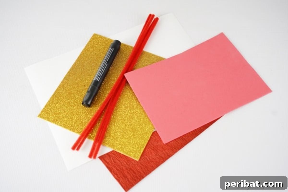 Easy Valentine Paper Crown Craft for Children 6 A neat arrangement of various craft supplies laid out, including poster board, colorful glitter papers, ribbon, pipe cleaners, scissors, glue, and a marker, ready for making a paper crown.