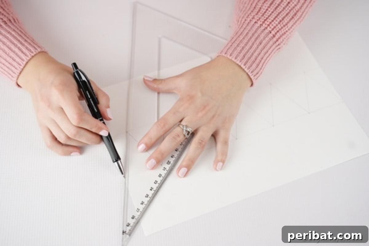 Easy Valentine Paper Crown Craft for Children 7 A pencil and ruler are used to meticulously measure and draw the outline of a crown onto a piece of white paper, ensuring even spikes.
