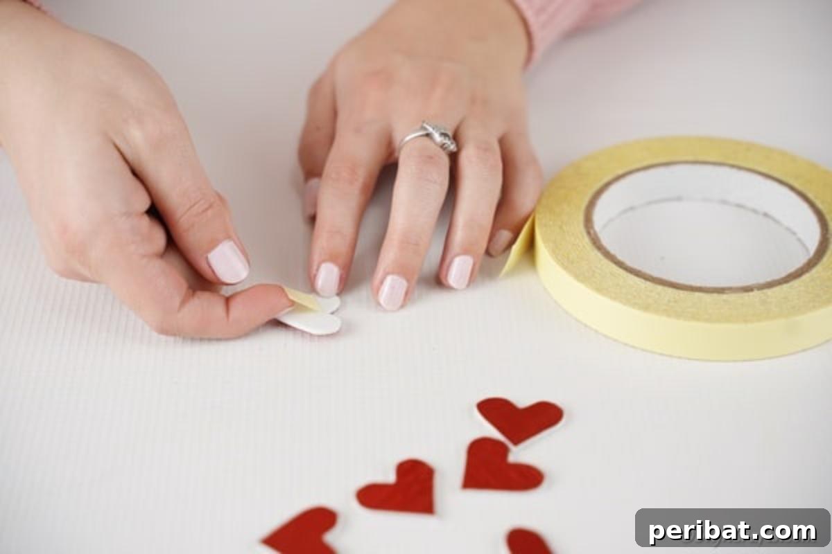 Easy Valentine Paper Crown Craft for Children 9 Hands carefully cut out heart shapes from vibrant glitter paper, showcasing the decorative elements for the crown.