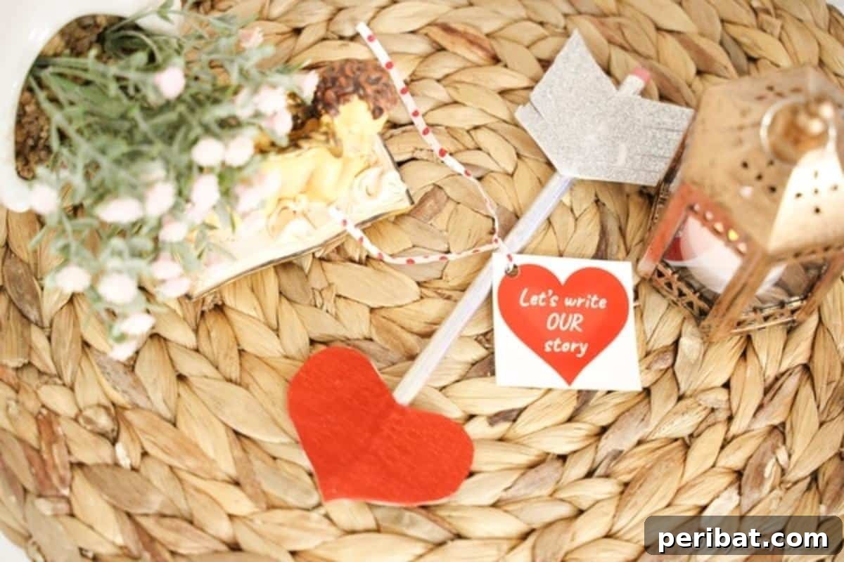Make Your Own Valentine's Love Arrows 3 Beautifully crafted Cupid's arrow pencil resting on a woven mat, showcasing its intricate details