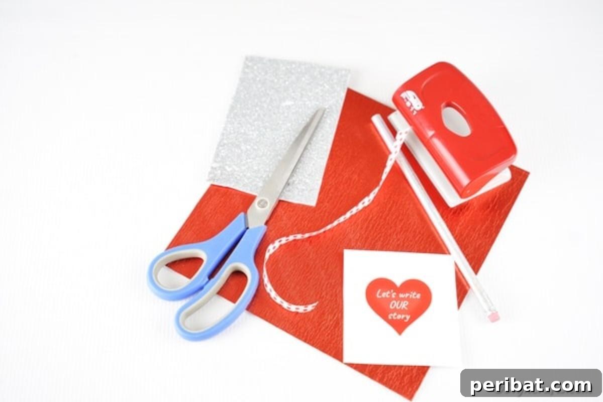 Make Your Own Valentine's Love Arrows 6 A collection of supplies neatly arranged for making Cupid's arrow pencils, including foam paper, pencils, and ribbon