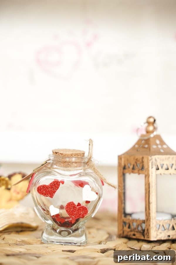 Valentine message in a bottle on table next to small lantern
