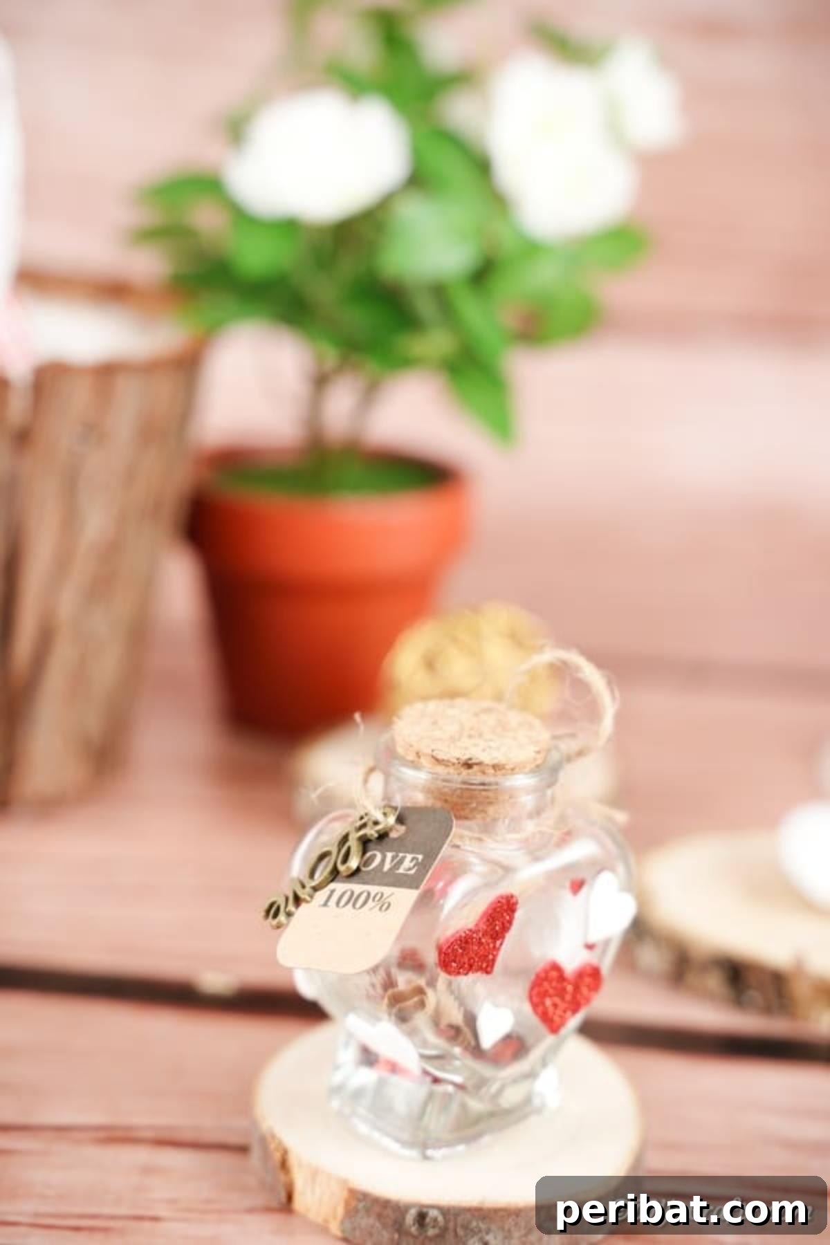 Heart jar on wood slice on wood table