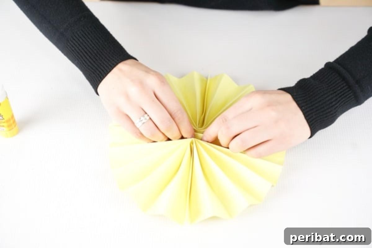 Simple & Sweet: Crafting Paper Birds with Kids 10 The fully glued and secured paper fan is gently spread out, revealing its circular, pleated form, which will serve as the main body of the paper bird, ready for embellishments.