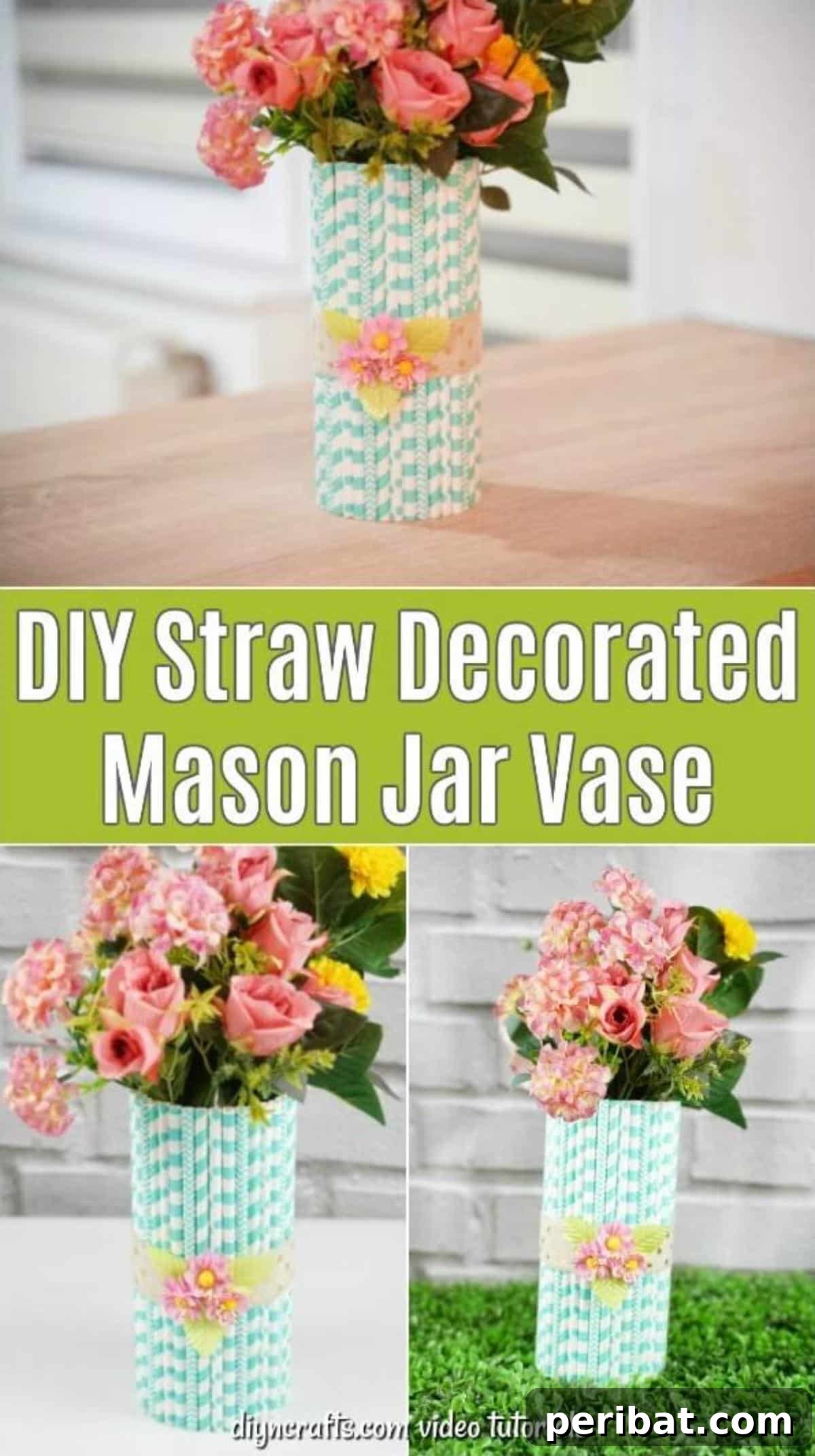 Handmade Straw-Embellished Mason Jar Vase 2 Collage of straw covered mason jar vase displaying various styles and colors