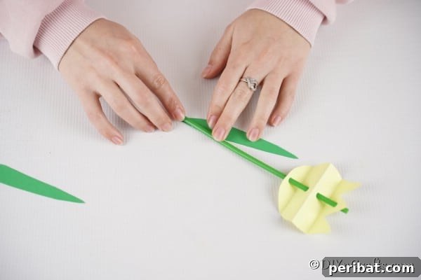 Create Charming Spring Paper Tulips 21 Attaching leaves to stem of paper tulip